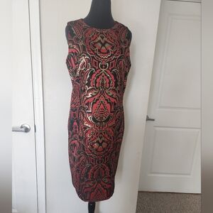 J. McLaughlin Red and Black Ornate Midi Dress